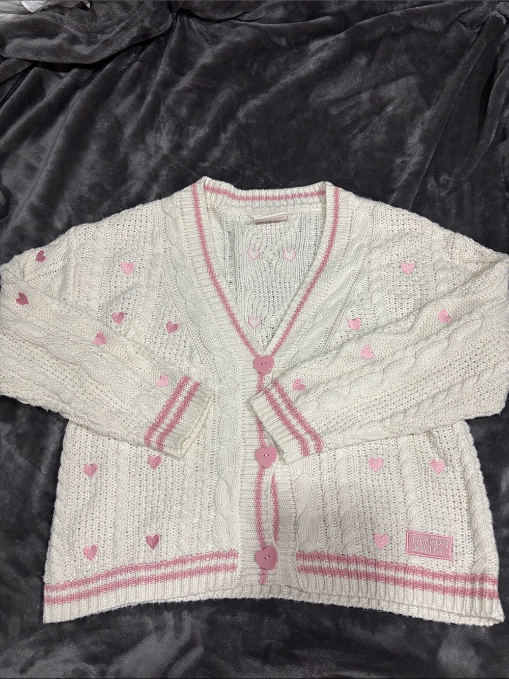 Taylor Swift Cream Cable Knit Cardigan with Pink Heart Accents